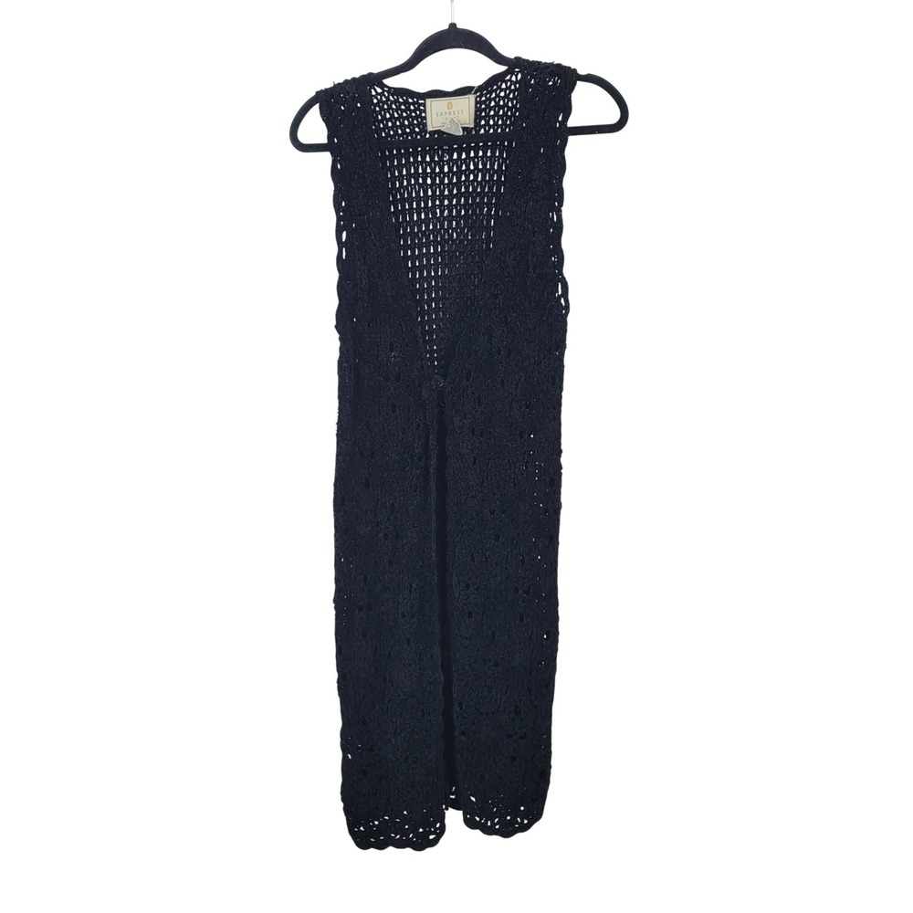 Vtg Whimsigoth Goth Chenille Black Handknitted Longline Crochet Duster Vest Sz M
